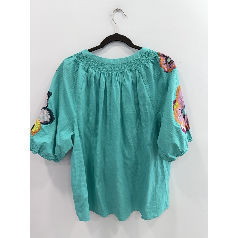 Cato Floral Embroidered Blouse 18/20W Aqua Cotton Split Neck Boho NWT Plus - Picture 2 of 9